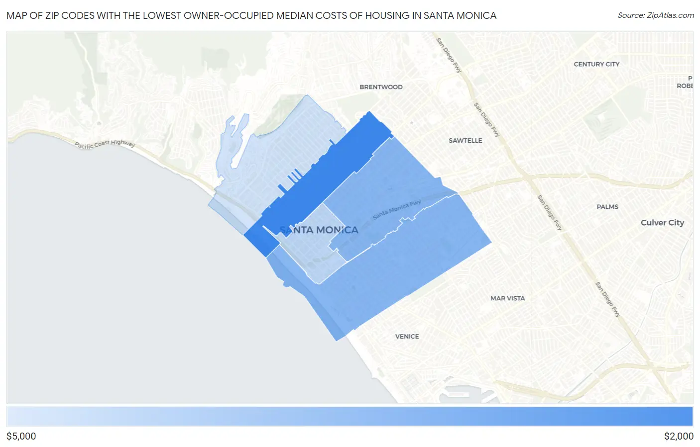 Zip Codes with the Lowest Owner-Occupied Median Costs of Housing in Santa Monica Map