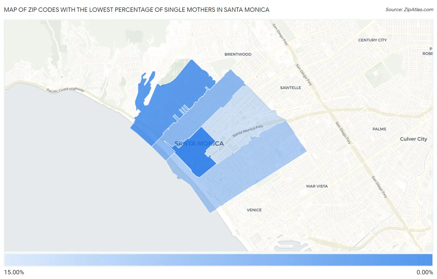 Zip Codes with the Lowest Percentage of Single Mothers in Santa Monica Map