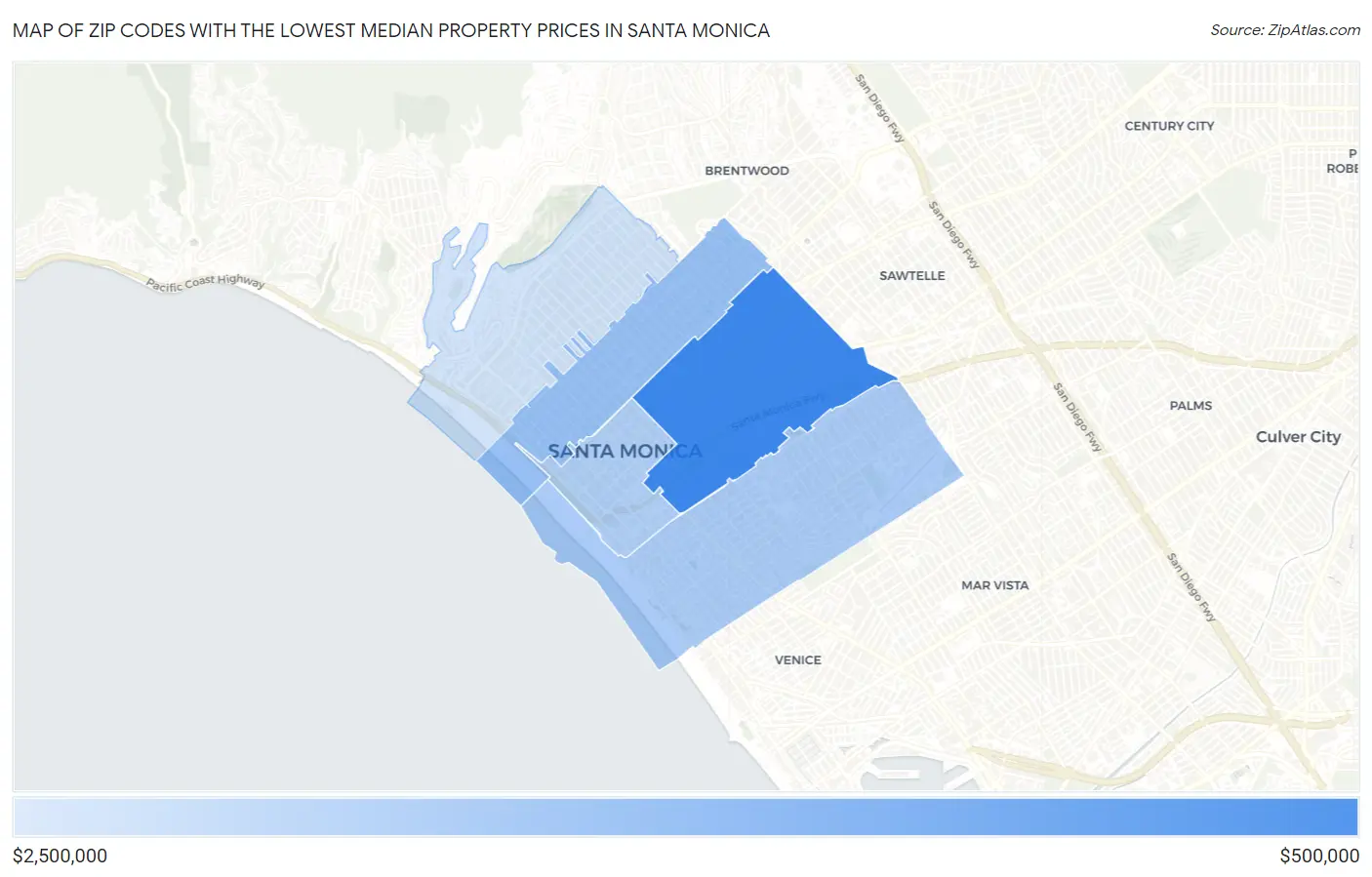 Zip Codes with the Lowest Median Property Prices in Santa Monica Map