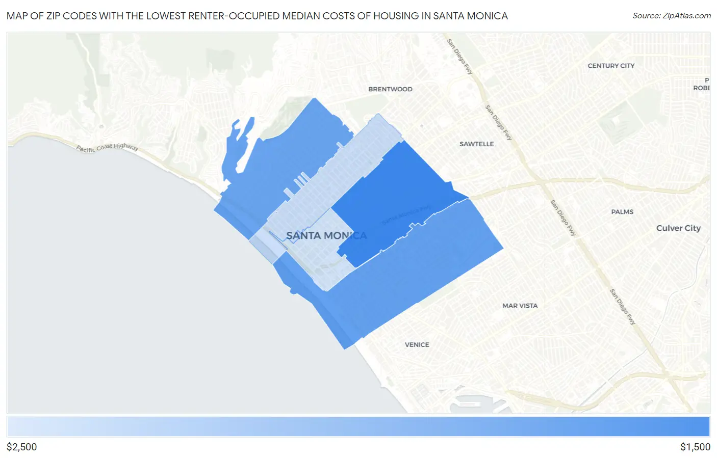 Zip Codes with the Lowest Renter-Occupied Median Costs of Housing in Santa Monica Map