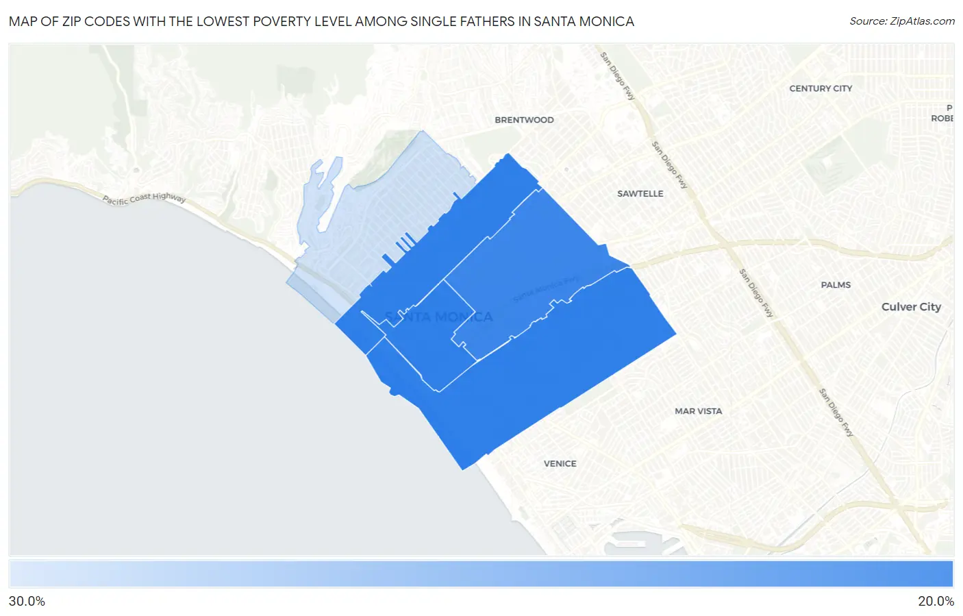 Zip Codes with the Lowest Poverty Level Among Single Fathers in Santa Monica Map