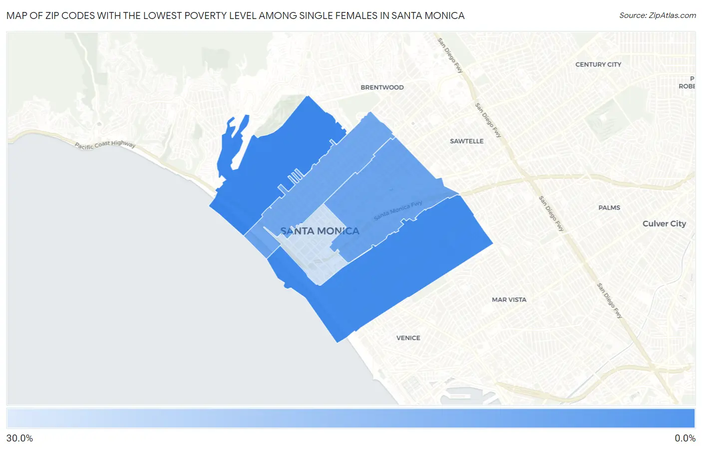 Zip Codes with the Lowest Poverty Level Among Single Females in Santa Monica Map