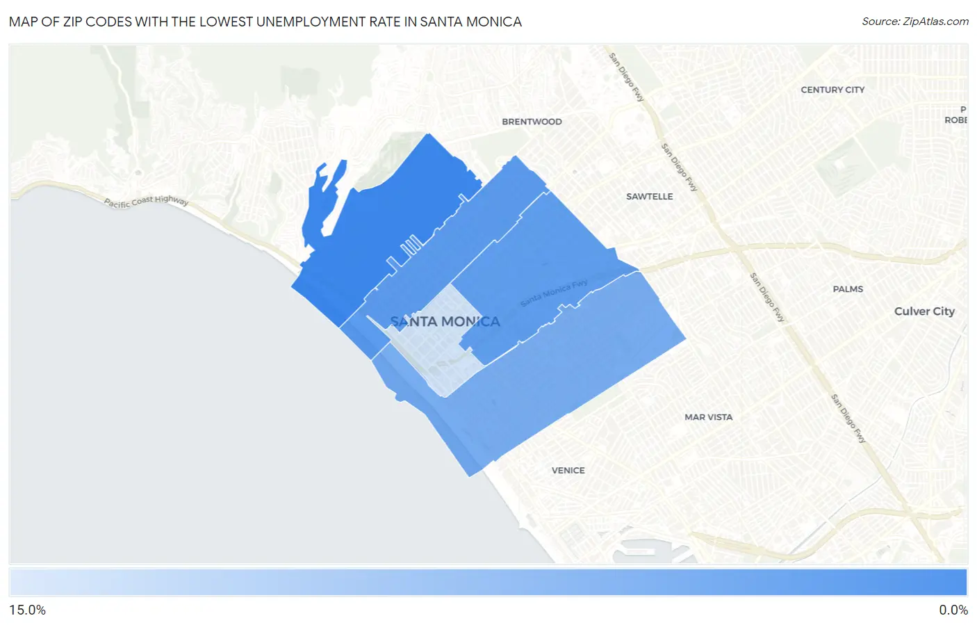 Zip Codes with the Lowest Unemployment Rate in Santa Monica Map