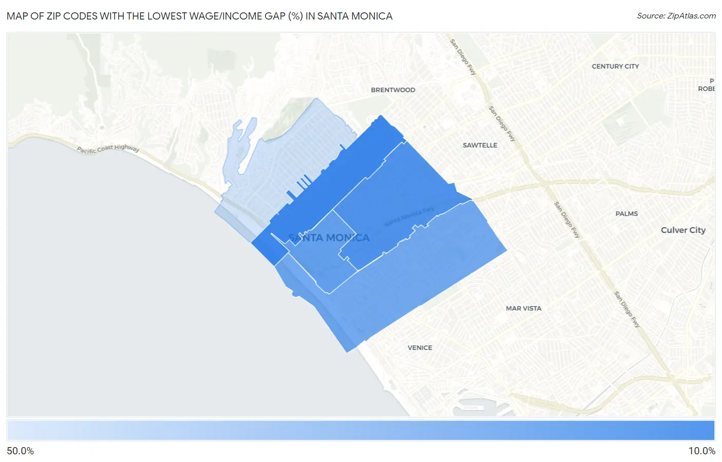 Zip Codes with the Lowest Wage/Income Gap (%) in Santa Monica Map