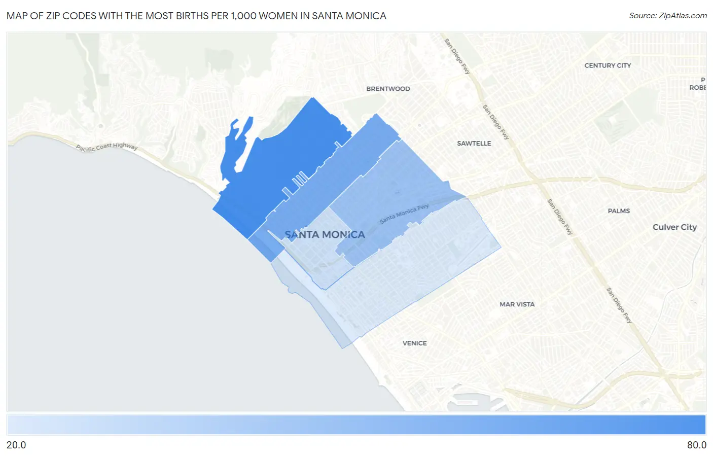 Zip Codes with the Most Births per 1,000 Women in Santa Monica Map