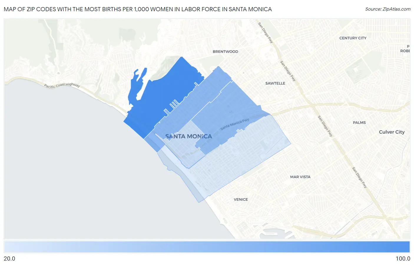 Zip Codes with the Most Births per 1,000 Women in Labor Force in Santa Monica Map