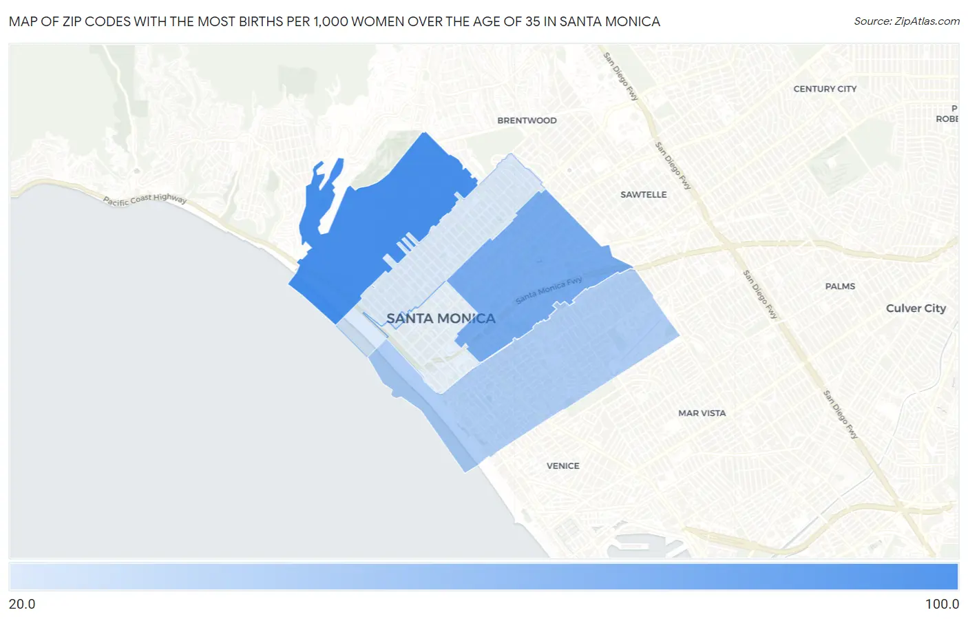 Zip Codes with the Most Births per 1,000 Women Over the Age of 35 in Santa Monica Map