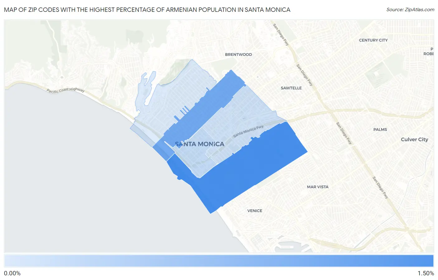 Zip Codes with the Highest Percentage of Armenian Population in Santa Monica Map