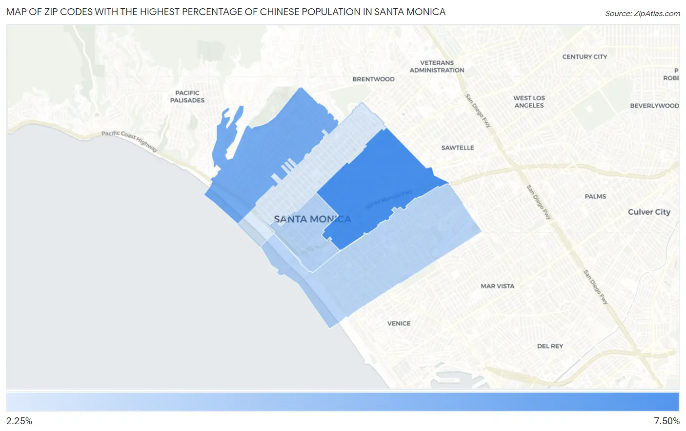 Zip Codes with the Highest Percentage of Chinese Population in Santa Monica Map