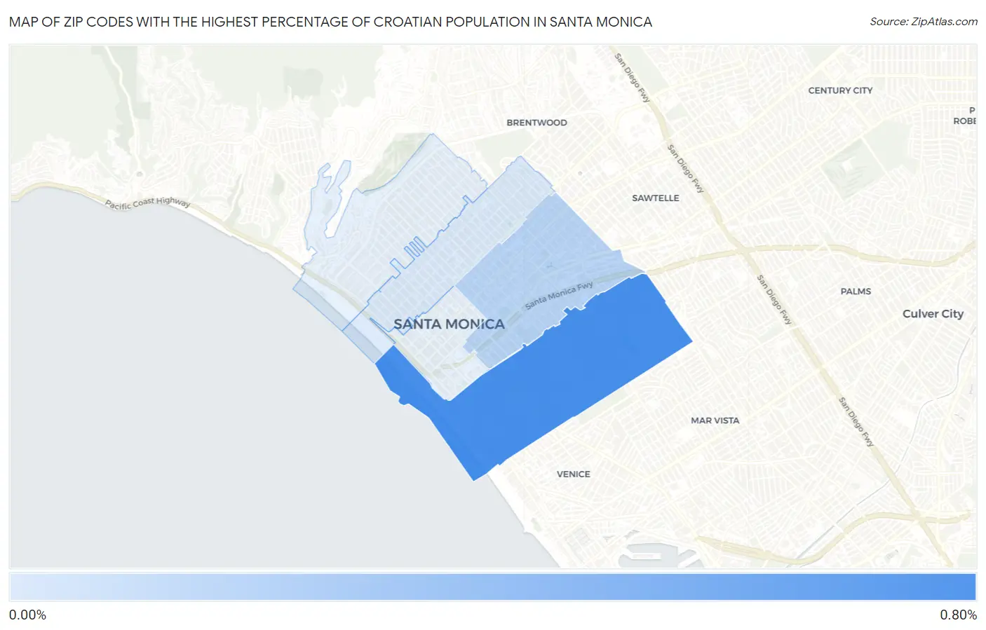 Zip Codes with the Highest Percentage of Croatian Population in Santa Monica Map