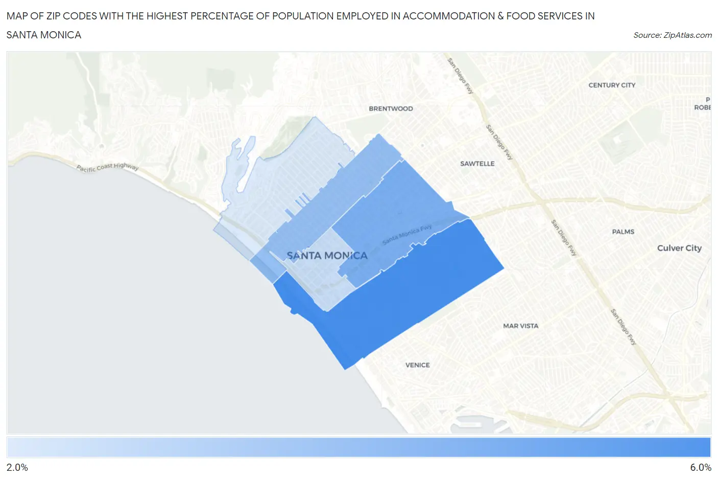 Zip Codes with the Highest Percentage of Population Employed in Accommodation & Food Services in Santa Monica Map