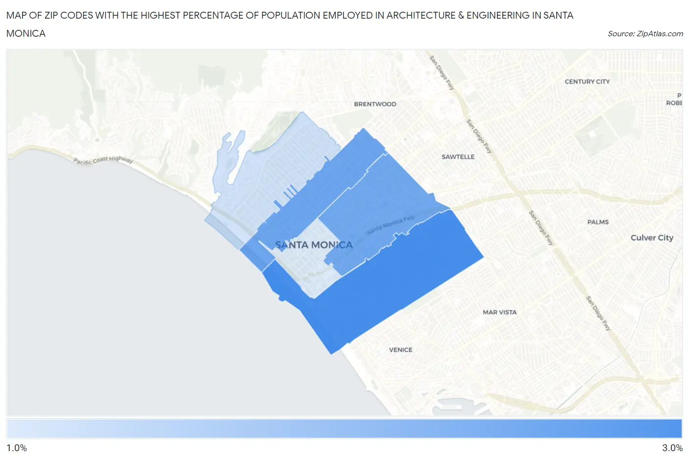 Zip Codes with the Highest Percentage of Population Employed in Architecture & Engineering in Santa Monica Map