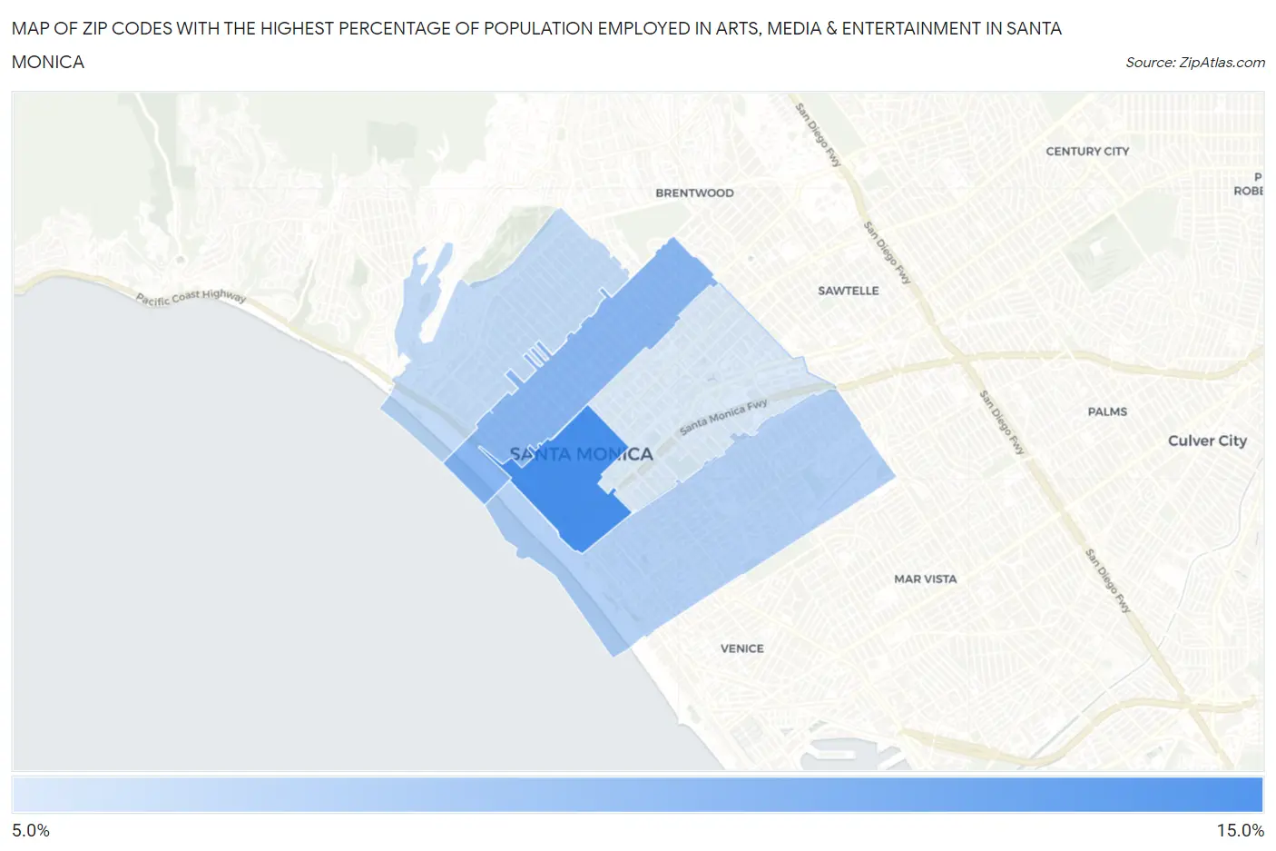 Zip Codes with the Highest Percentage of Population Employed in Arts, Media & Entertainment in Santa Monica Map