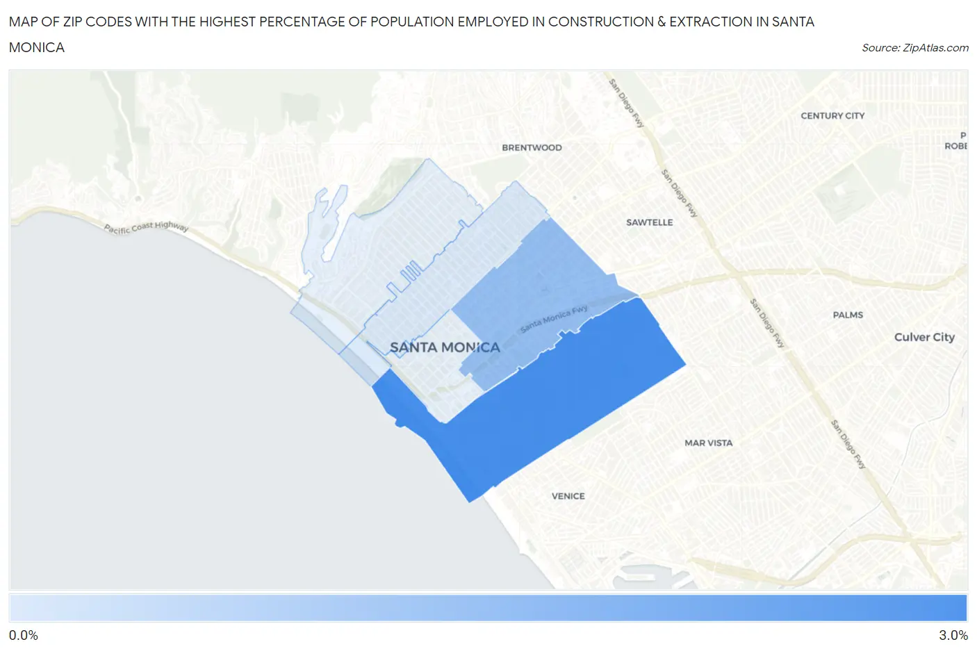 Zip Codes with the Highest Percentage of Population Employed in Construction & Extraction in Santa Monica Map