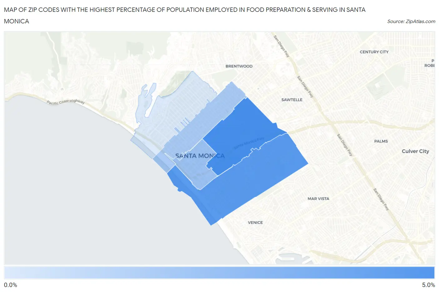 Zip Codes with the Highest Percentage of Population Employed in Food Preparation & Serving in Santa Monica Map