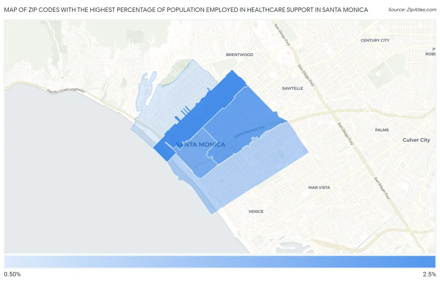 Zip Codes with the Highest Percentage of Population Employed in Healthcare Support in Santa Monica Map