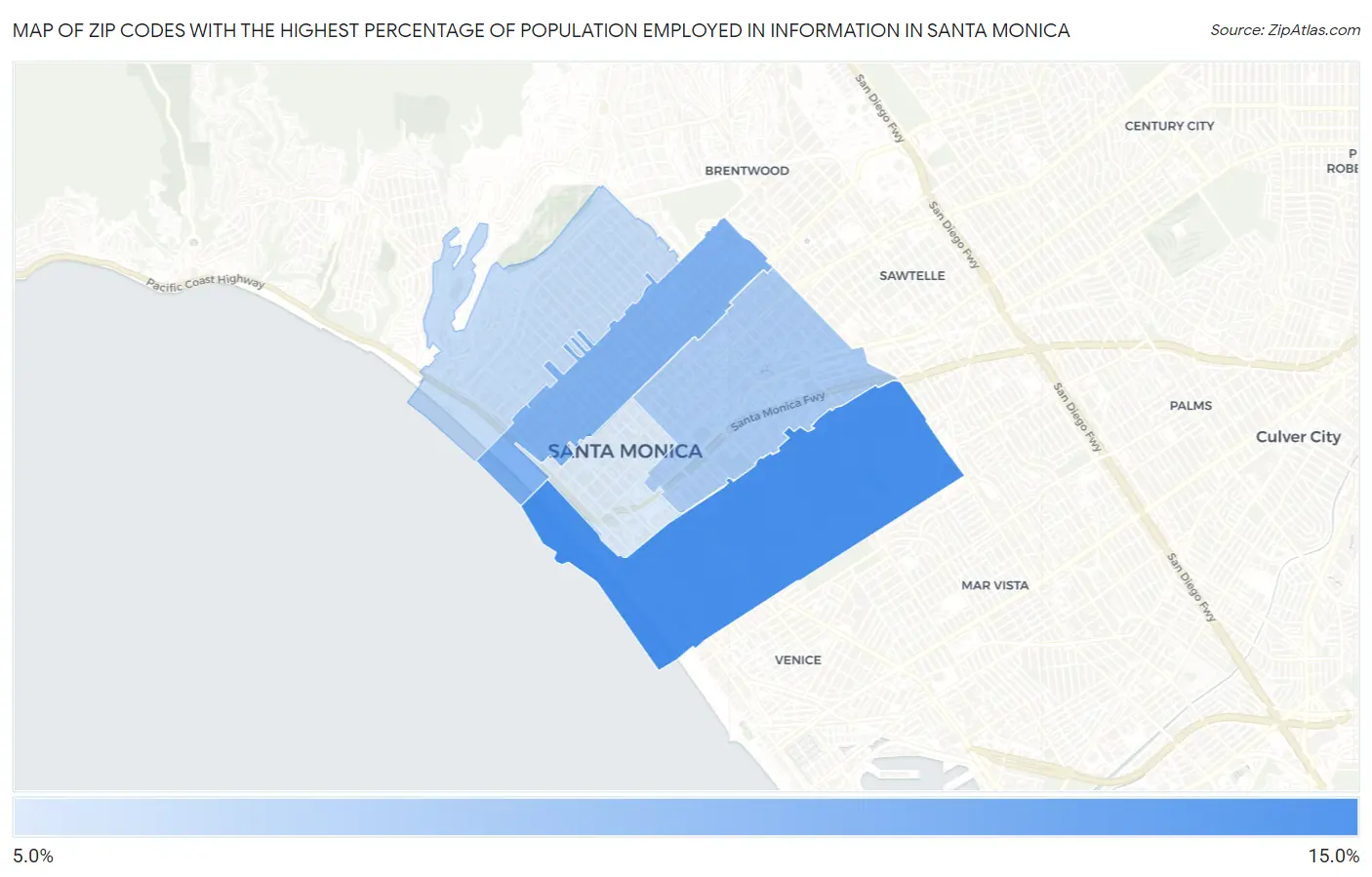 Zip Codes with the Highest Percentage of Population Employed in Information in Santa Monica Map