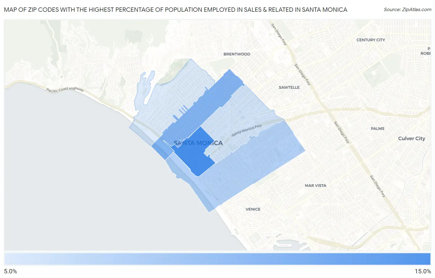 Zip Codes with the Highest Percentage of Population Employed in Sales & Related in Santa Monica Map