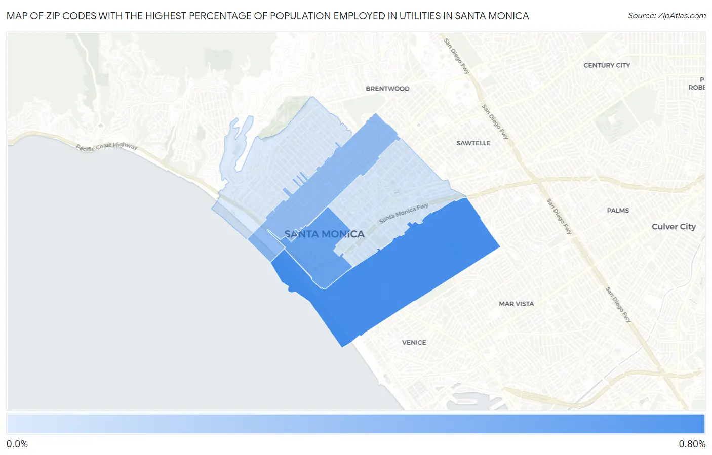 Zip Codes with the Highest Percentage of Population Employed in Utilities in Santa Monica Map