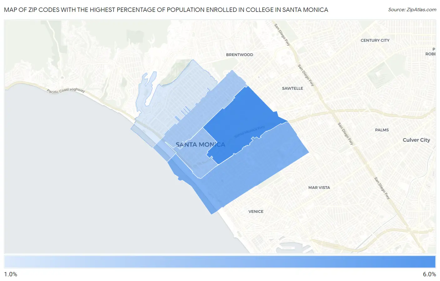 Zip Codes with the Highest Percentage of Population Enrolled in College in Santa Monica Map