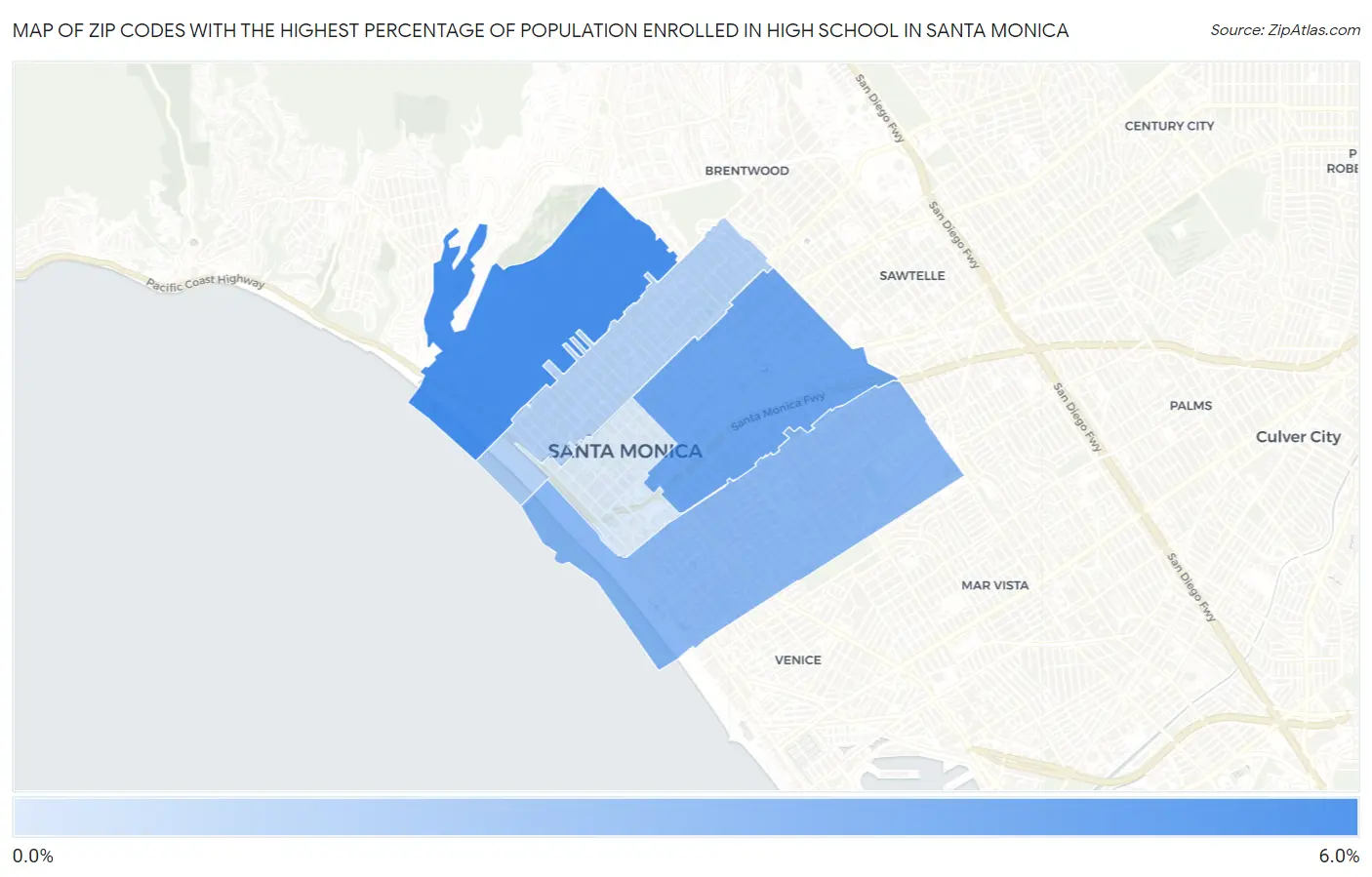 Zip Codes with the Highest Percentage of Population Enrolled in High School in Santa Monica Map