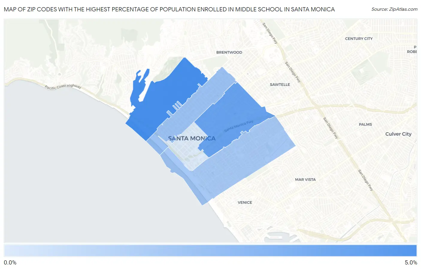 Zip Codes with the Highest Percentage of Population Enrolled in Middle School in Santa Monica Map