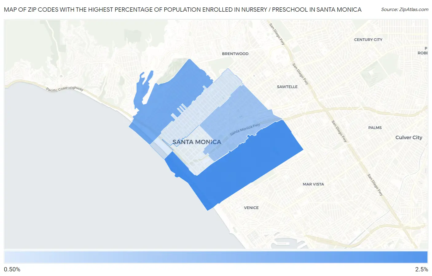 Zip Codes with the Highest Percentage of Population Enrolled in Nursery / Preschool in Santa Monica Map