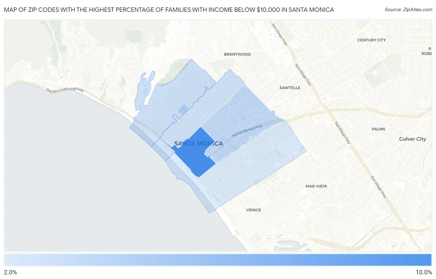 Zip Codes with the Highest Percentage of Families with Income Below $10,000 in Santa Monica Map