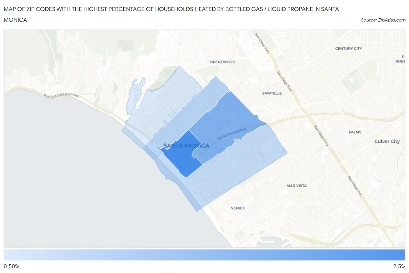 Zip Codes with the Highest Percentage of Households Heated by Bottled Gas / Liquid Propane in Santa Monica Map
