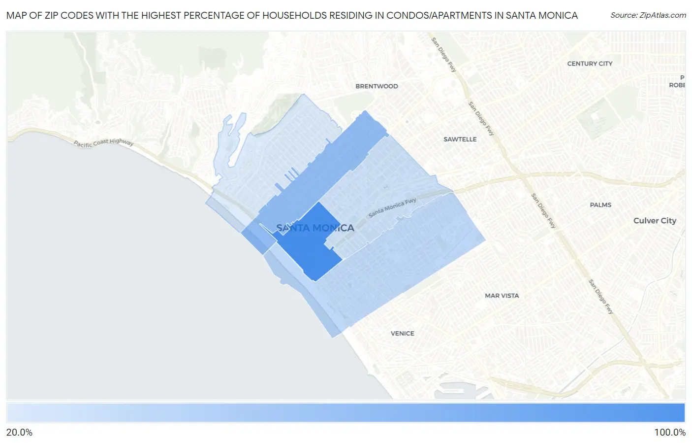 Zip Codes with the Highest Percentage of Households Residing in Condos/Apartments in Santa Monica Map