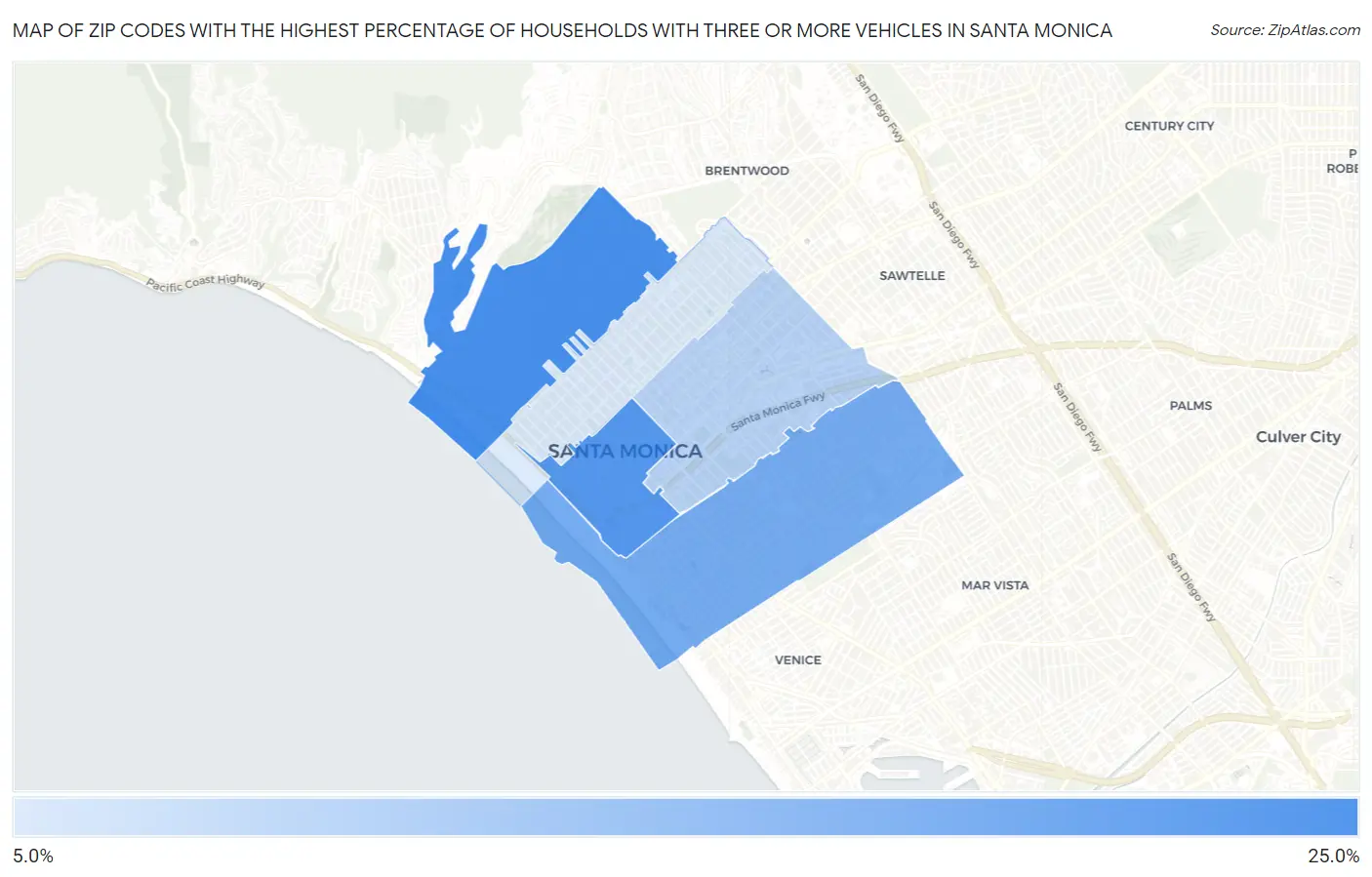 Zip Codes with the Highest Percentage of Households With Three or more Vehicles in Santa Monica Map