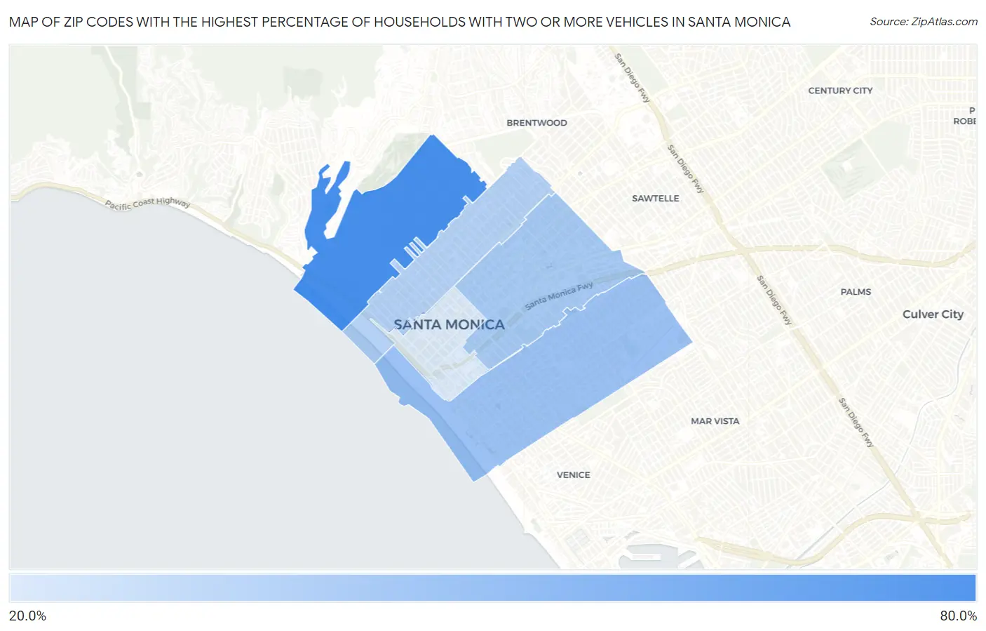 Zip Codes with the Highest Percentage of Households With Two or more Vehicles in Santa Monica Map