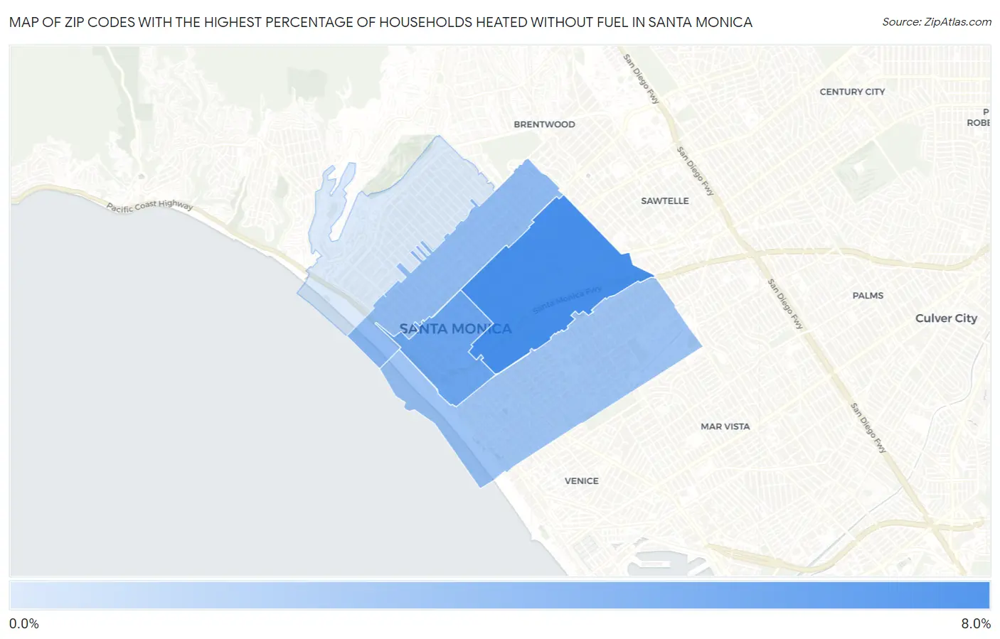 Zip Codes with the Highest Percentage of Households Heated without Fuel in Santa Monica Map