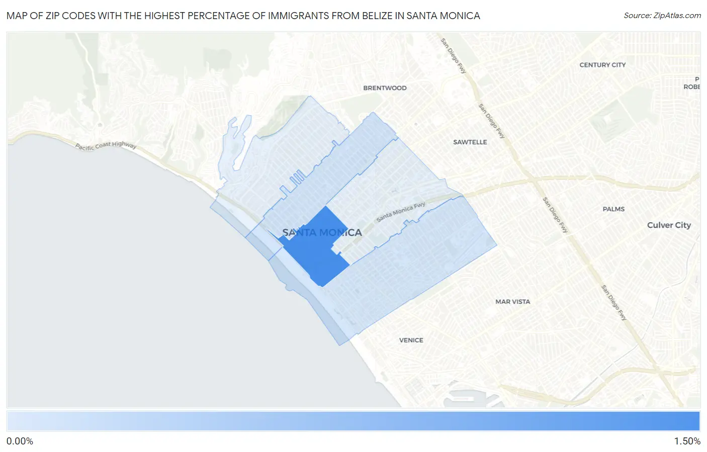 Zip Codes with the Highest Percentage of Immigrants from Belize in Santa Monica Map