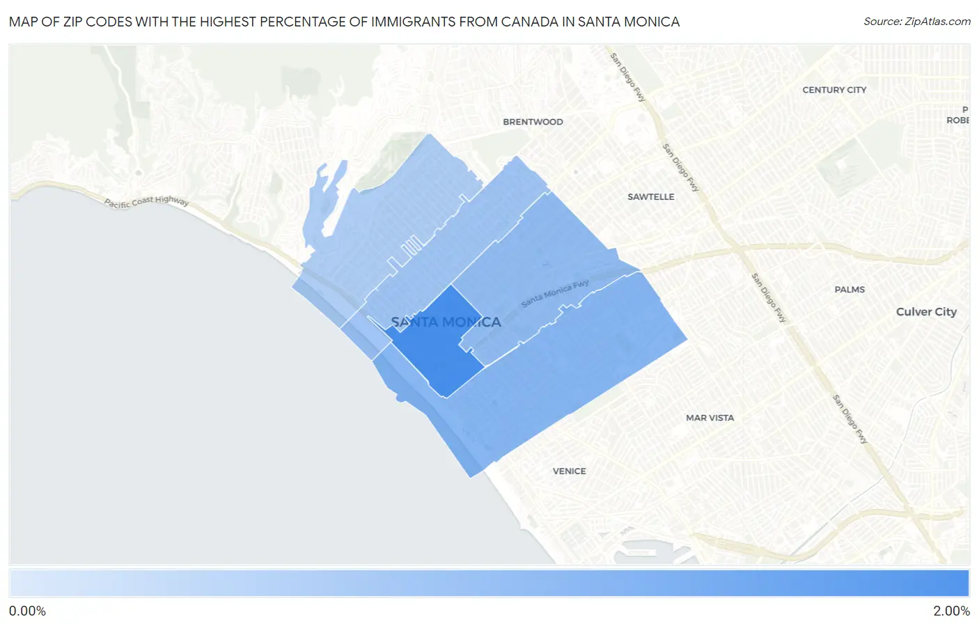 Zip Codes with the Highest Percentage of Immigrants from Canada in Santa Monica Map