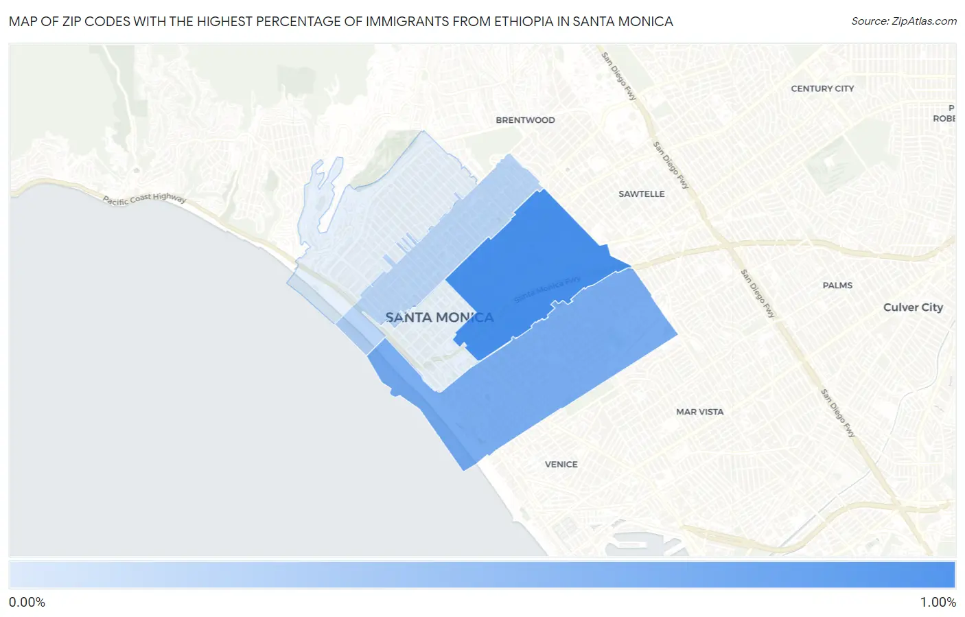 Zip Codes with the Highest Percentage of Immigrants from Ethiopia in Santa Monica Map