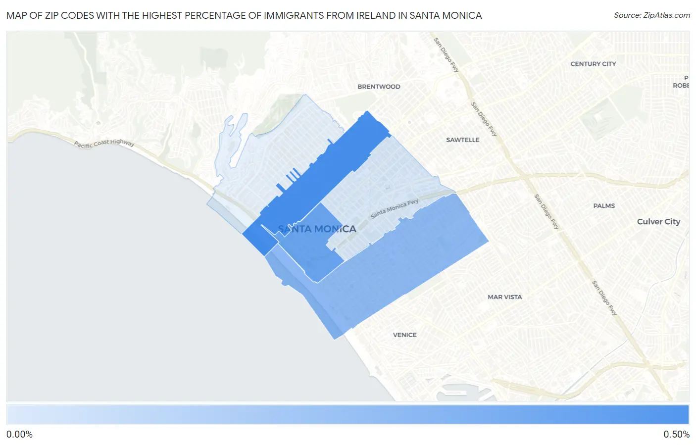 Zip Codes with the Highest Percentage of Immigrants from Ireland in Santa Monica Map