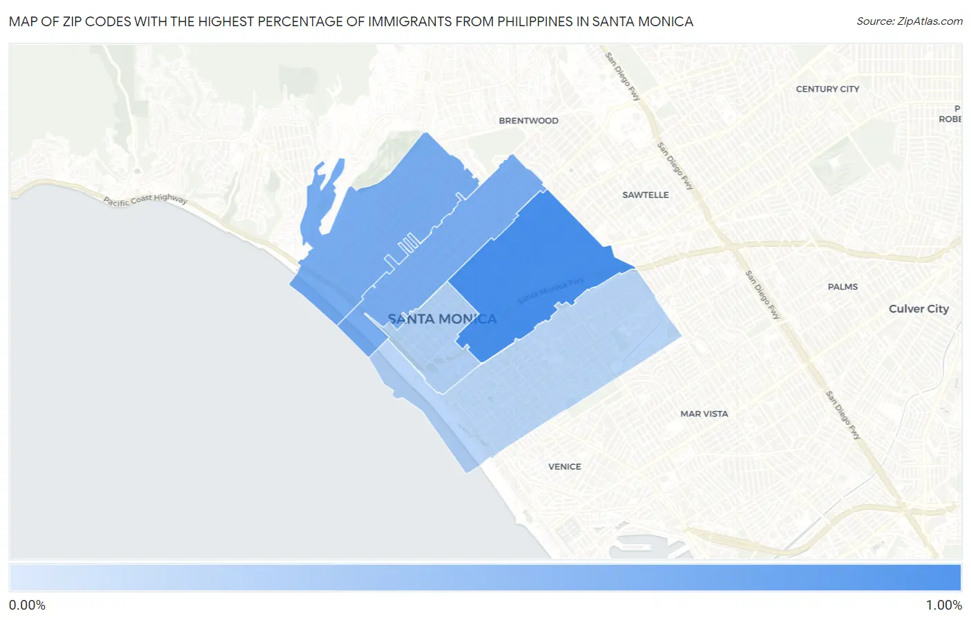 Zip Codes with the Highest Percentage of Immigrants from Philippines in Santa Monica Map