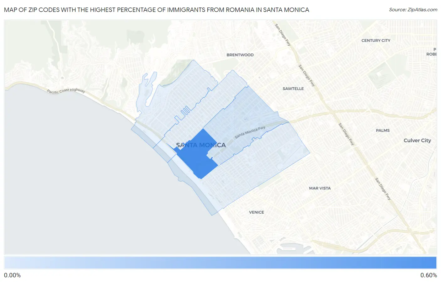 Zip Codes with the Highest Percentage of Immigrants from Romania in Santa Monica Map