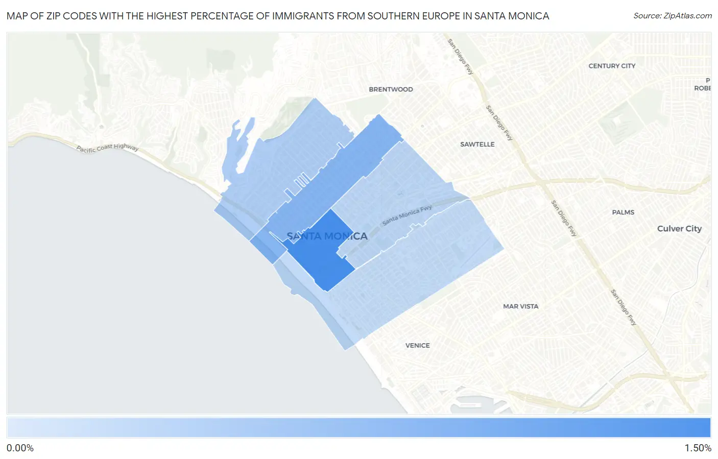 Zip Codes with the Highest Percentage of Immigrants from Southern Europe in Santa Monica Map