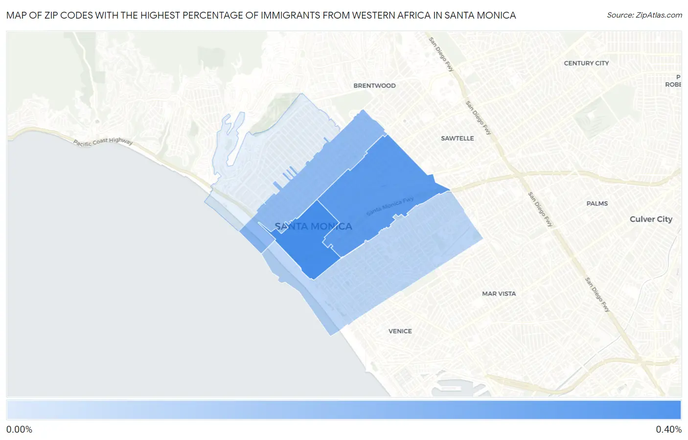Zip Codes with the Highest Percentage of Immigrants from Western Africa in Santa Monica Map