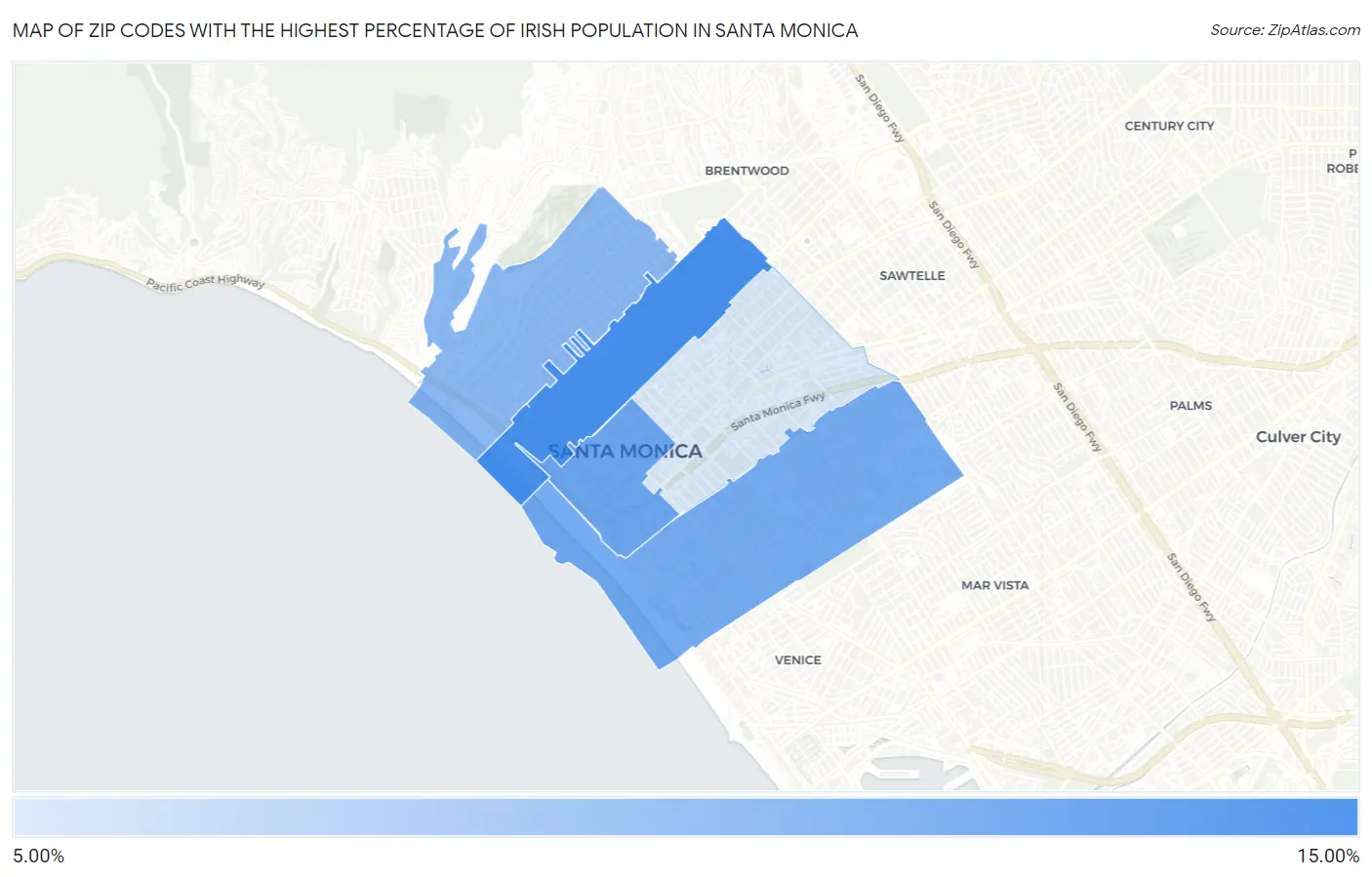 Zip Codes with the Highest Percentage of Irish Population in Santa Monica Map