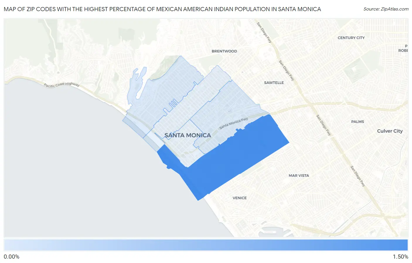 Zip Codes with the Highest Percentage of Mexican American Indian Population in Santa Monica Map