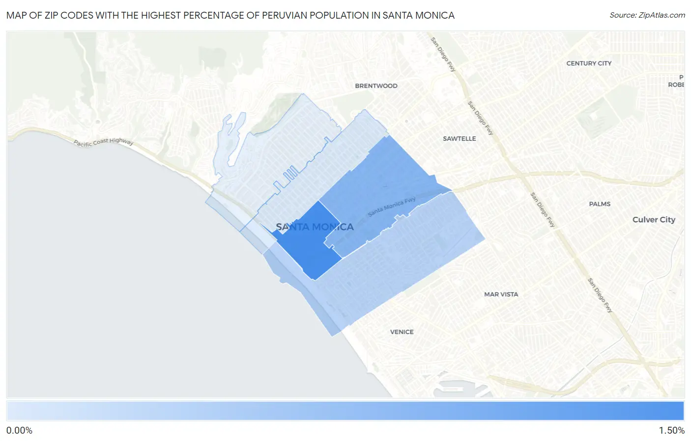 Zip Codes with the Highest Percentage of Peruvian Population in Santa Monica Map