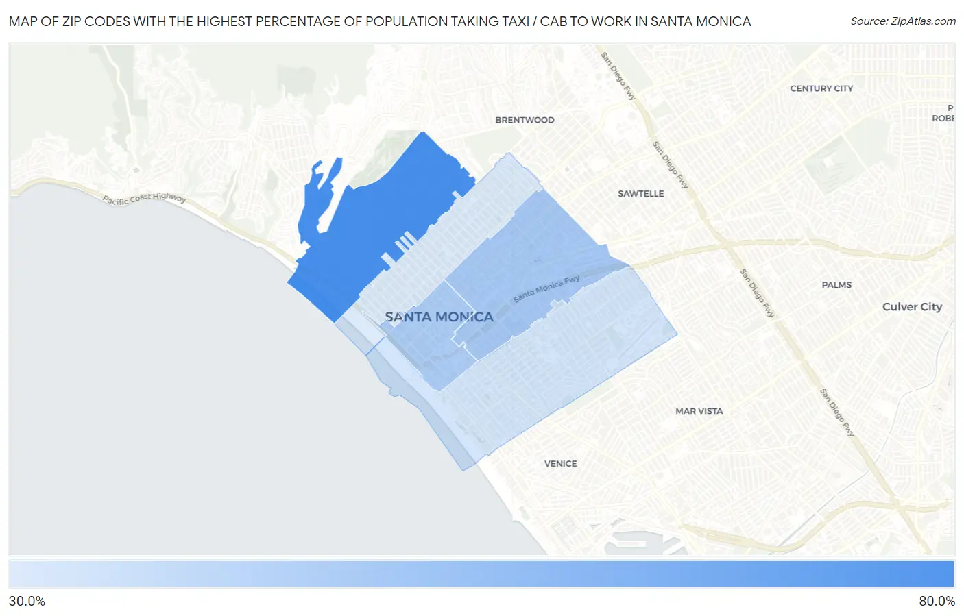 Zip Codes with the Highest Percentage of Population Taking Taxi / Cab to Work in Santa Monica Map
