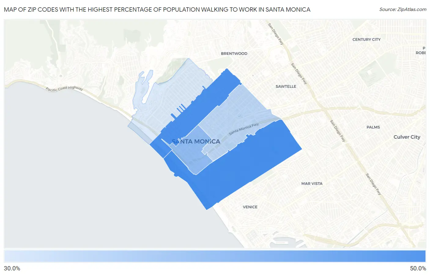 Zip Codes with the Highest Percentage of Population Walking to Work in Santa Monica Map