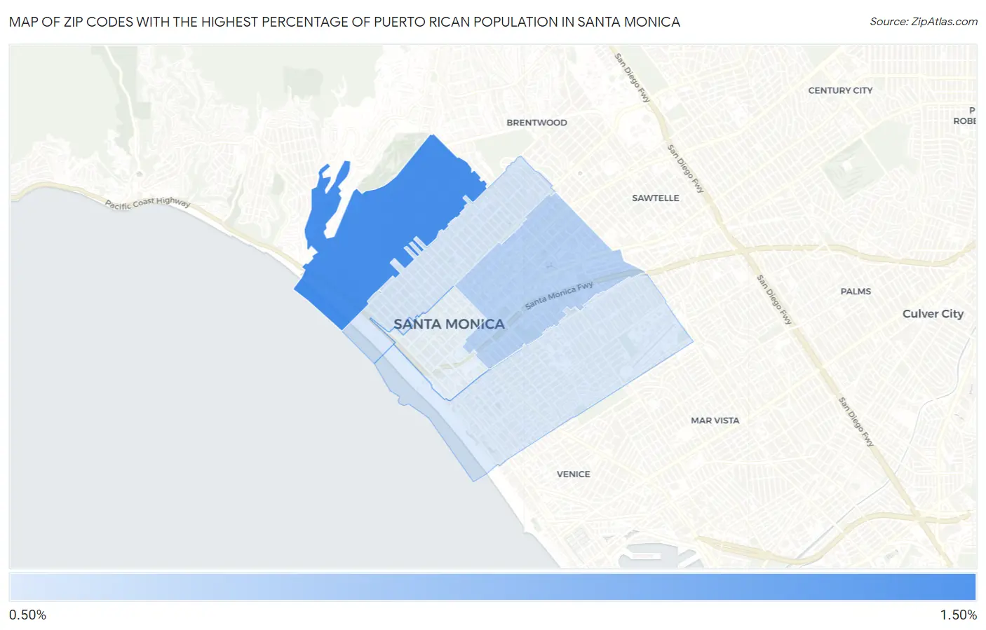 Zip Codes with the Highest Percentage of Puerto Rican Population in Santa Monica Map