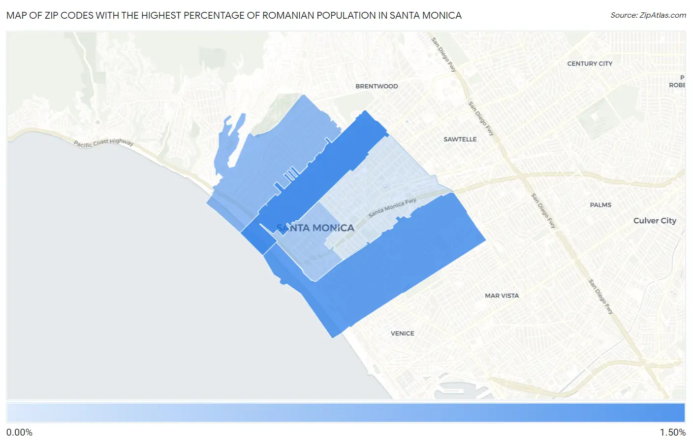 Zip Codes with the Highest Percentage of Romanian Population in Santa Monica Map