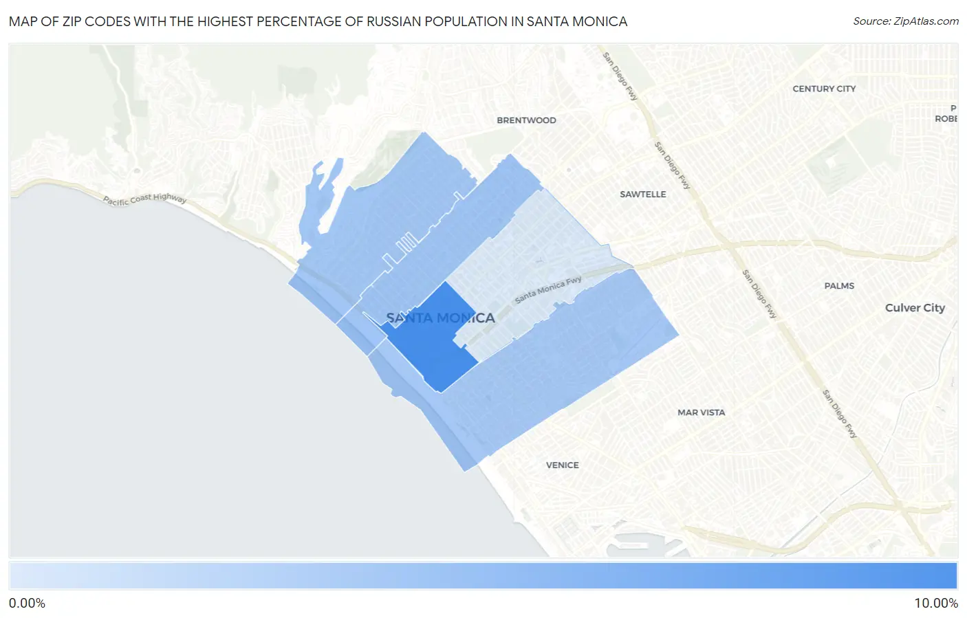 Zip Codes with the Highest Percentage of Russian Population in Santa Monica Map