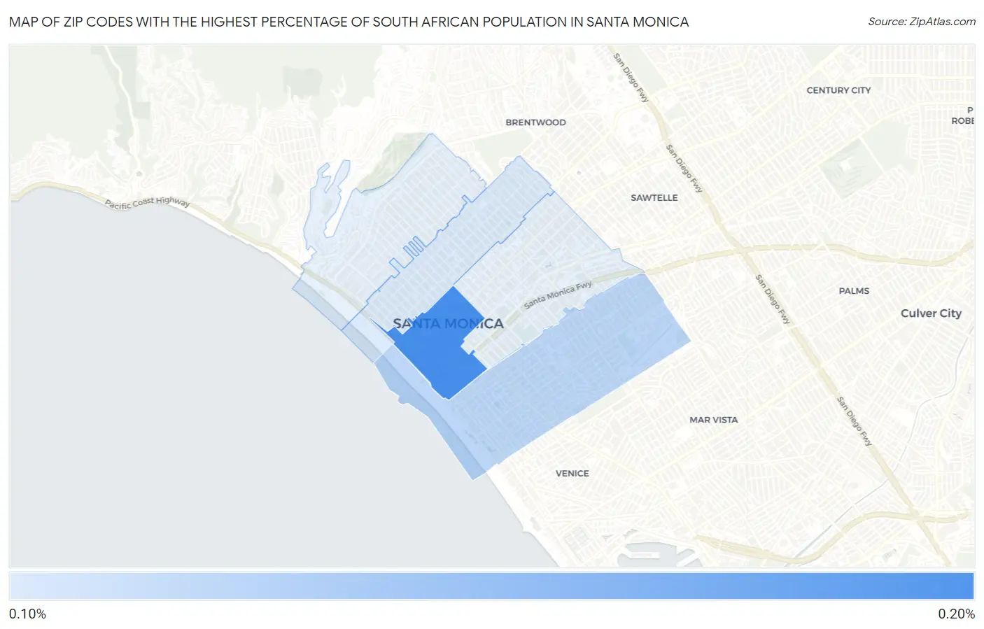 Zip Codes with the Highest Percentage of South African Population in Santa Monica Map
